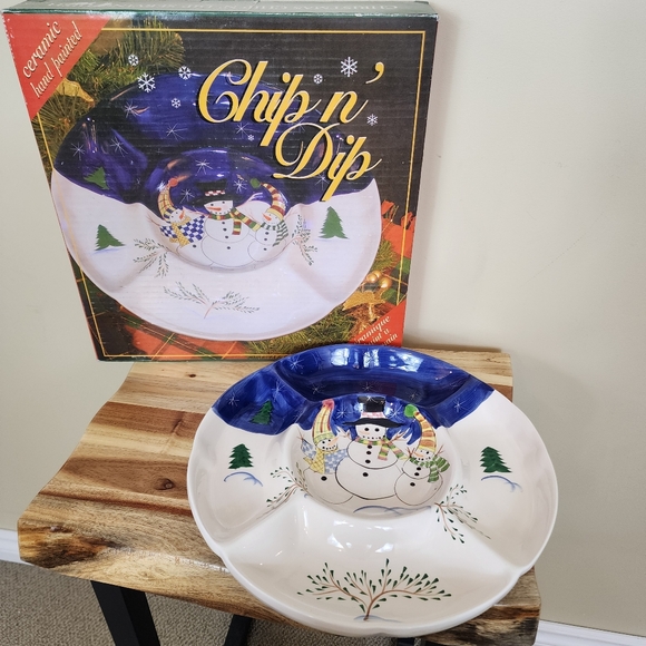 Hand Painted Ceramic Christmas Chip N' Dip Snowman Serving Dish - Picture 2 of 6